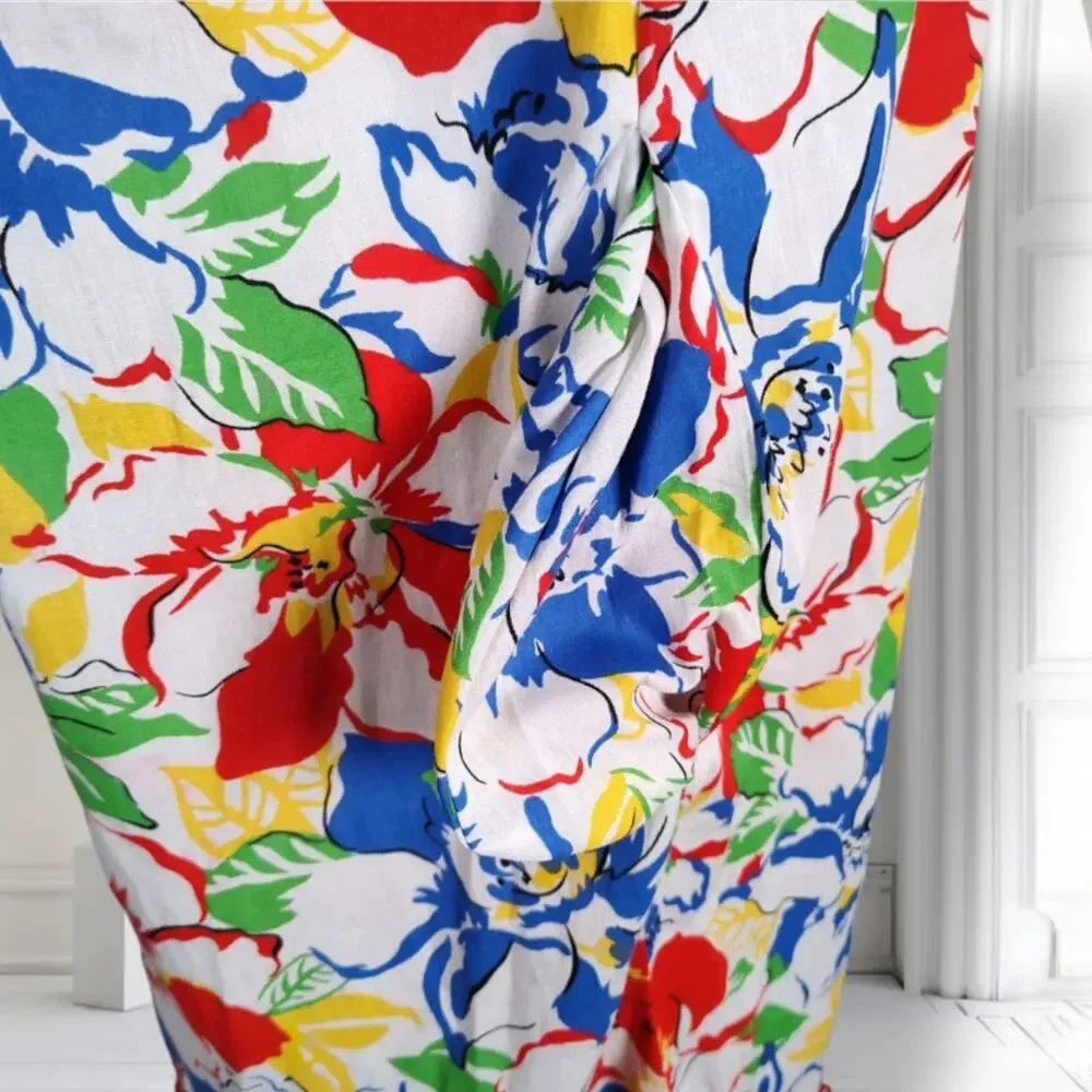 Vintage 70s Floral Muumuu Maxi Dress Lace Yoke Hawaiian House Dress USA Size 14